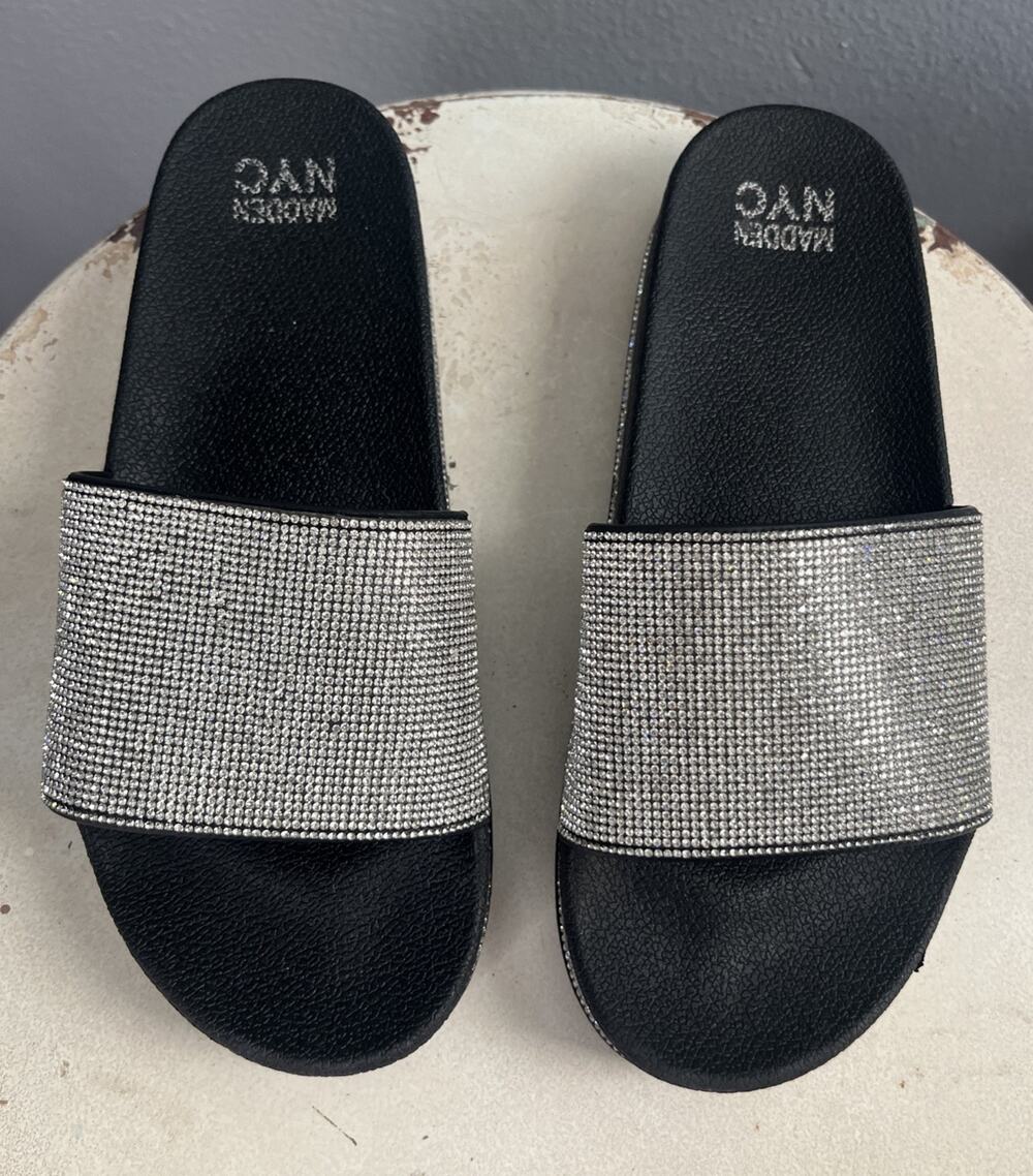 Madden NYC Black & Silver Rhinestone Bling Slide Sandals Women's Size 10
